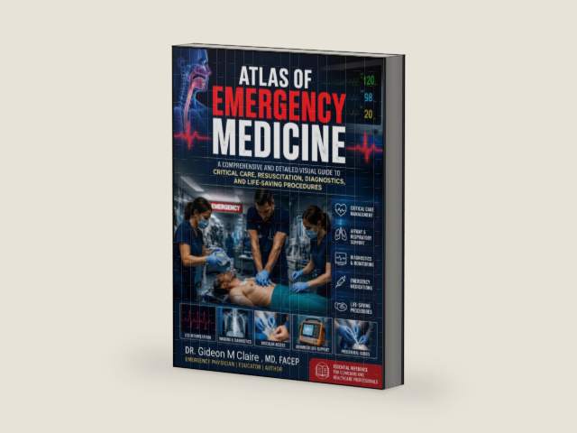 Atlas Of Emergency Medicine: A Comprehensive and Detailed Visual Guide to Critical Care, Resuscitation, Diagnostics, and Life-Saving Procedures by Dr Gideon M Claire | barcode:9798197240828 | source:'9798197240828-right-three-quarter.jpg