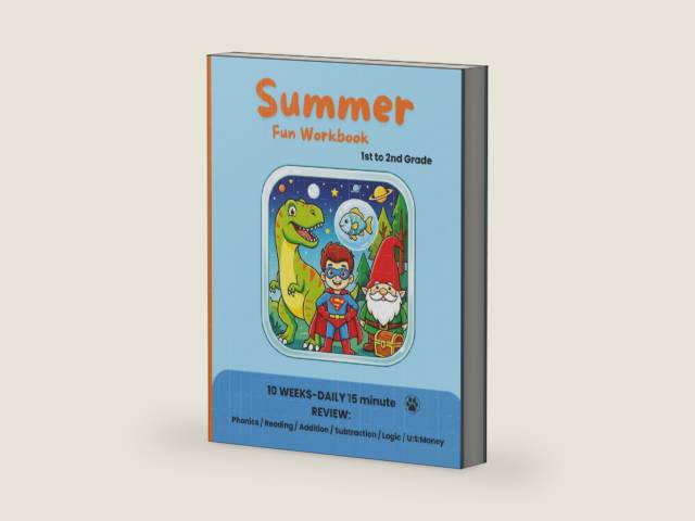 Summer Fun Workbook: 1st Grade: A 10 week daily review, 15 minutes a day, covering phonics, reading, addition, subtraction, logic, and money for children moving from first to second grade. by Iza Lin | barcode:9798197400017 | source:'9798197400017-right-three-quarter.jpg