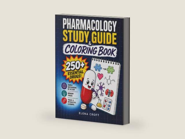 Pharmacology Study Guide & Coloring Book: 250+ Essential Drugs with Simple Mechanisms of Action and Memory Tricks in a Visual and Interactive Guide for Nursing, Pharmacy, and Medical Students by Elena Croft | barcode:9798197532398 | source:'9798197532398-right-three-quarter.jpg