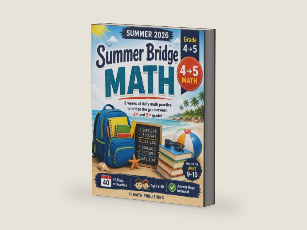Summer Bridge Math Grade 4 to Grade 5: 8 Weeks of Daily Practice to Prevent Summer Slide | Large Numbers, Multiplication, Long Division, Decimals, ... | With Answer Keys (PI MATH Summer Bridge) by PI MATH Publishing | barcode:9798197543844 | source:'9798197543844-right-three-quarter.jpg