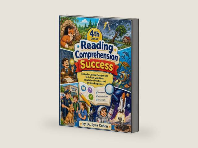 4th Grade Reading Comprehension Success: 24 Lexile-Leveled Passages with Test-Style Questions, Vocabulary Practice, and Written Responses by Dr. Lysa Cohen | barcode:9798198221291 | source:'9798198221291-right-three-quarter.jpg