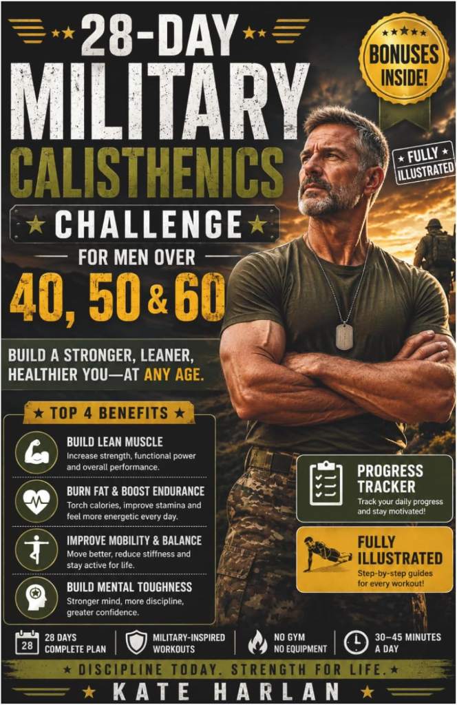 28-DAY MILITARY CALISTHENICS CHALLENGE FOR MEN OVER 40, 50 & 60: Step-by-Step Home Workout Plan to Melt Visceral Belly Fat, Build Functional Strength, ... and Boost Metabolism Using Zero Equipment by Kate Harlan | barcode:9798198814677 | source:'9798198814677.jpg