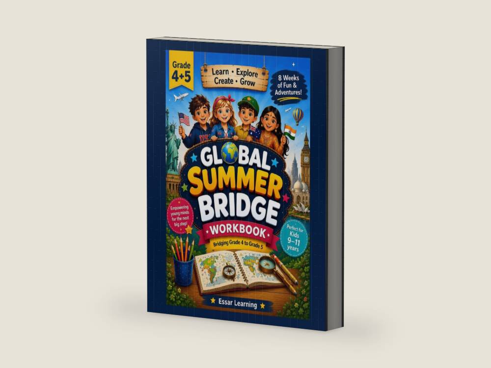 Global Summer Bridge Workbook: Bridging Grade 4 to Grade 5 - Math, Reading, Writing & World Adventures (Ages 9-11) (Global Summer Bridge Adventures) by Essar Learning | barcode:9798199288316 | source:'9798199288316-right-three-quarter.jpg