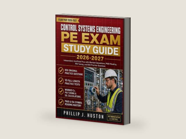 Control Systems Engineering PE Exam Study Guide 2026-2027: Independent, Unofficial Prep with Worked Calculations, P&ID and Instrumentation Symbol Reading, PID Tuning, and 850 Practice Questions by Phillip J. Huston | barcode:9798199299534 | source:'9798199299534-right-three-quarter.jpg