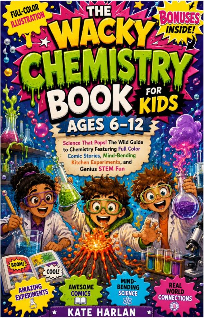 THE WACKY CHEMISTRY BOOK FOR KIDS AGES 6–12: Science That Pops! The Wild Guide to Chemistry Featuring Full Color Comic Stories, Mind-Bending Kitchen Experiments, and Genius STEM Fun by Kate Harlan | barcode:9798199969505 | source:'9798199969505.jpg