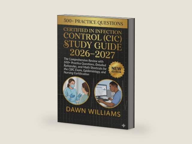 Certified in Infection Control (CIC) Study Guide 2026-2027: The Comprehensive Review with 500+ Practice Questions, Detailed Rationales, and Math ... Exam, Epidemiology, and Nursing Certification by DAWN WILLIAMS | barcode:9798243208260 | source:'9798243208260-right-three-quarter.jpg
