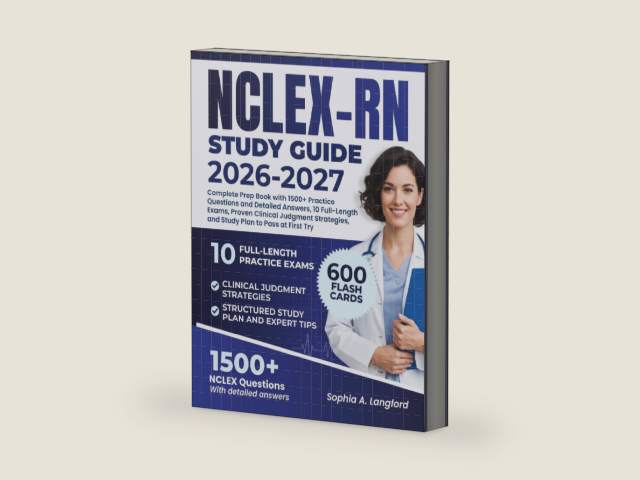 NCLEX-RN STUDY GUIDE 2026–2027: Complete Prep Book with 1500+ Practice Questions and Detailed Answers, 10 Full-Length Exams, Proven Clinical Judgment Strategies, and Study Plan to Pass at First Try by Sophia A. Langford | barcode:9798244398304 | source:'9798244398304-right-three-quarter.jpg