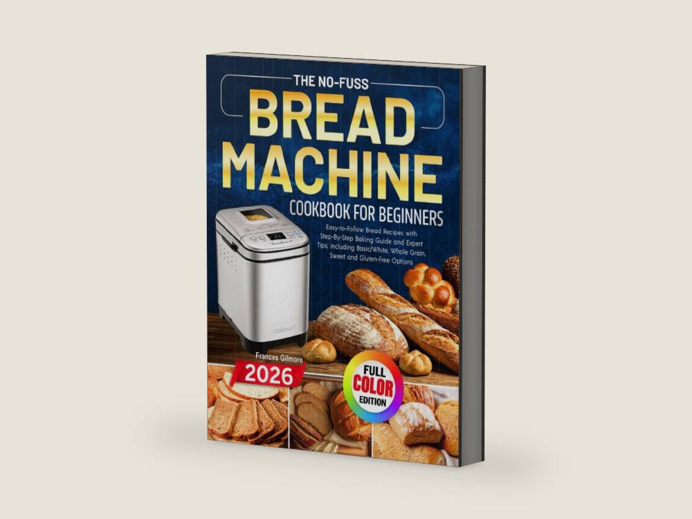 The No-Fuss Bread Machine Cookbook for Beginners: Easy-to-Follow Bread Recipes with Step-By-Step Baking Guide and Expert Tips, including Basic/White, Whole Grain, Sweet and Gluten-Free Options by Frances Gilmore | barcode:9798244434682 | source:'9798244434682-right-three-quarter.jpg