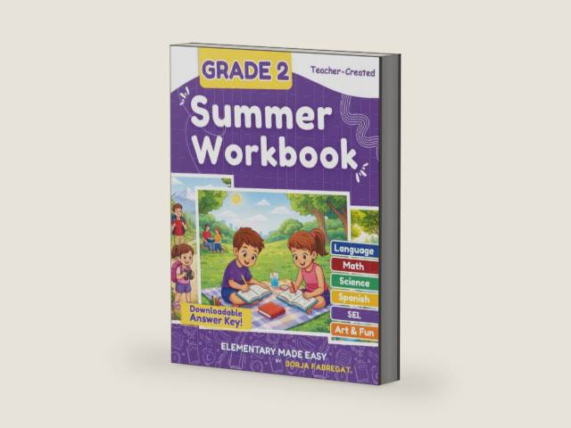 2nd Grade Summer Workbook: A Teacher-Created 2nd to 3rd Grade Summer Workbook with Math, Reading, Writing, Science, SEL and Spanish by Elementary Made Easy | barcode:9798244987638 | source:'9798244987638-right-three-quarter.jpg