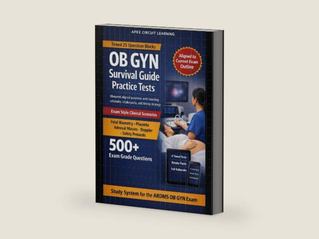 OBSTETRICS & GYNECOLOGY SURVIVAL GUIDE FOR THE ARDMS OB/GYN SONOGRAPHY EXAM: Official Blueprint Essentials, Exam Strategy, and Four Full Practice ... and Gynecology Sonography Examination by Apex Circuit Learning | barcode:9798246918425 | source:'9798246918425-right-three-quarter.jpg