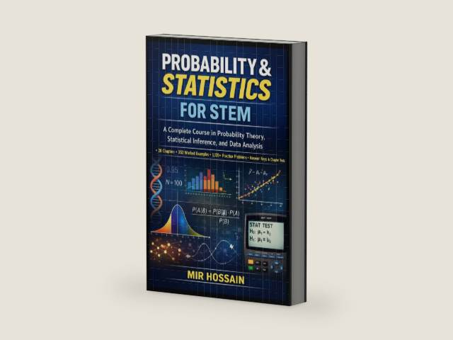 PROBABILITY & STATISTICS FOR STEM: A Complete Course in Probability Theory, Statistical Inference, and Data Analysis by Mir Hossain | barcode:9798248529643 | source:'9798248529643-right-three-quarter.jpg