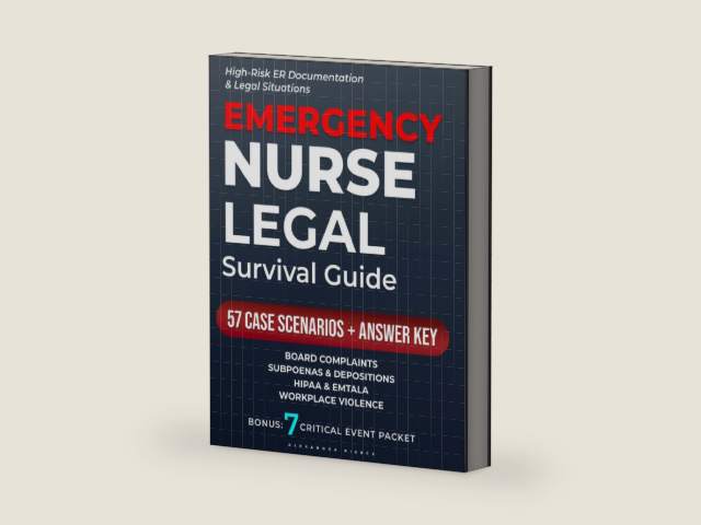 Emergency Nurse Legal Survival Guide: Protect Your License with Documentation That Defends You: Board Complaints, Subpoenas/Depositions, and Workplace Violence What to Do, Say, and Chart by Alexandra Pierce | barcode:9798250129497 | source:'9798250129497-right-three-quarter.jpg