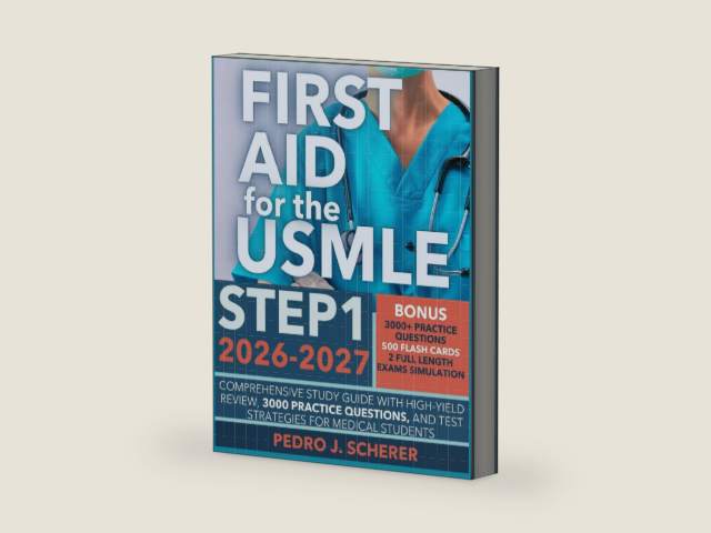 FIRST AID FOR THE USMLE STEP 1 2026–2027: Comprehensive Study Guide with High-Yield Review, 3000 Practice Questions, and Test Strategies for Medical Students by PEDRO J. SCHERER | barcode:9798251869323 | source:'9798251869323-right-three-quarter.jpg