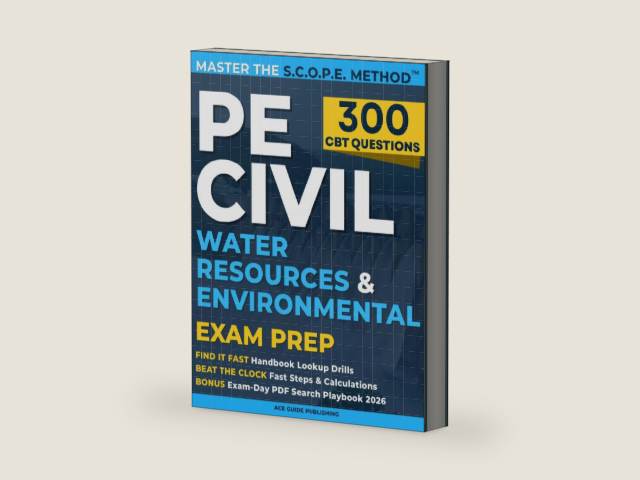PE Civil Water Resources and Environmental Exam Prep: A Training Guide with 300 CBT-Style Questions, Step-by-Step Solutions & NCEES Handbook Strategies—Even with Limited Study Time by Ace Guide Publishing | barcode:9798252043470 | source:'9798252043470-right-three-quarter.jpg
