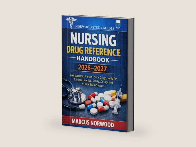 Nursing Drug Reference Handbook 2026–2027: The Essential Nurses Quick Drugs Guide for Clinical Practice, Safety, Dosage and NCLEX Exam Success by Marcus Norwood | barcode:9798254546313 | source:'9798254546313-right-three-quarter.jpg