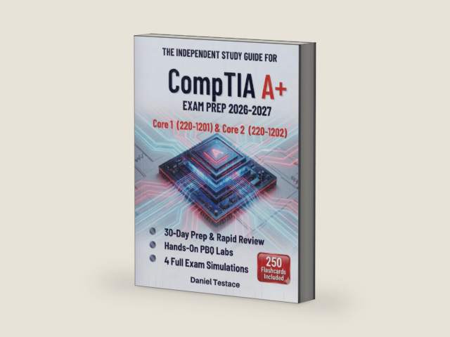 The Independent Study Guide for CompTIA A+ Core 1 (220-1201) & Core and Core 2 (220-1202): 30-Day Prep & Rapid Review with Hands-On PBQ Labs and 4 Exam Simulations for IT Certification Success by Daniel Testace | barcode:9798254701408 | source:'9798254701408-right-three-quarter.jpg