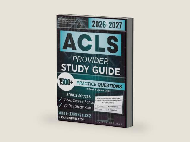 ACLS PROVIDER STUDY GUIDE 2026 – 2027: Extended Edition Comprising Detailed Review for the Latest AHA Certification, 1500+ Verified Questions and Answers and Hours of E-Learning Access to Pass by Oliver Abraham | barcode:9798254817222 | source:'9798254817222-right-three-quarter.jpg