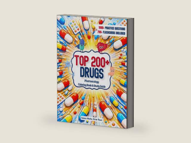 Pharmacology Coloring Book & Study Guide: Master the Top 200+ Drugs with Rapid Recall and High-Yield Review for Exam Prep, designed for Nursing, Pharmacy, and Medical Students by Axiona Works | barcode:9798257918827 | source:'9798257918827-right-three-quarter.jpg