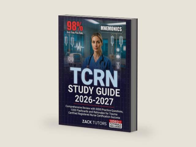 TCRN STUDY GUIDE 2026-2027: Comprehensive Review with 5000 Practice Questions, 1000 Flashcards and Rationales for Trauma Certified Registered Nurse Certification Success by ZACK TUTORS | barcode:9798257952777 | source:'9798257952777-right-three-quarter.jpg