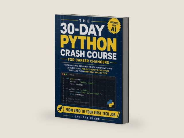 The 30-Day Python Crash Course for Career Changers: The Hands-On, Beginner-Proof Plan that Turns Outsiders Into Project-Ready Developers Who Land Their First Real Role In Tech by Zachary Clark | barcode:9798258702647 | source:'9798258702647-right-three-quarter.jpg