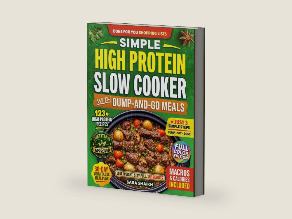Simple High Protein Slow Cooker Cookbook with Dump-and-Go Meals: 123+ Fast, Flavor-Packed Weight Loss Recipes and 30-Day Meal Plan with Clear Macros to Build Muscle, Lose Fat, and Make Easy Dinners by Sara Shaikh | barcode:9798259335318 | source:'9798259335318-right-three-quarter.jpg