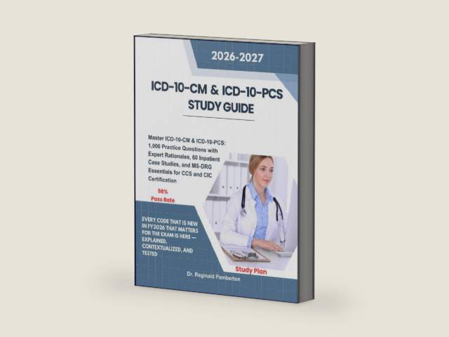 ICD-10-CM & ICD-10-PCS STUDY GUIDE: Master ICD-10-CM & ICD-10-PCS: 1,000 Practice Questions with Expert Rationales, 60 Inpatient Case Studies, and MS-DRG Essentials for CCS and CIC Certification by Dr Reginald Pemberton | barcode:9798259374232 | source:'9798259374232-right-three-quarter.jpg