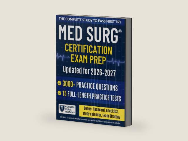 MED SURG® Certification Exam Prep: The Complete Study System with 3000+ Questions, 15 Practice Exams, Clear Rationales & Step-by-Step Strategies to Pass with Confidence. by Horizon Nurse Academy | barcode:9798263510886 | source:'9798263510886-right-three-quarter.jpg