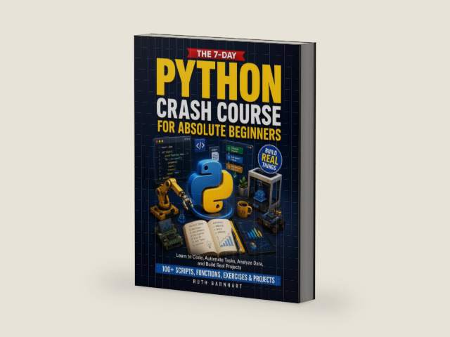 The 7-Day Python Crash Course For Absolute Beginners: Learn to Build Real Things, Automate Repetitive Work, and Think Like a Coder — With 100+ Scripts, Functions, Exercises, and Projects by Ruth Barnhart | barcode:9798264120800 | source:'9798264120800-right-three-quarter.jpg