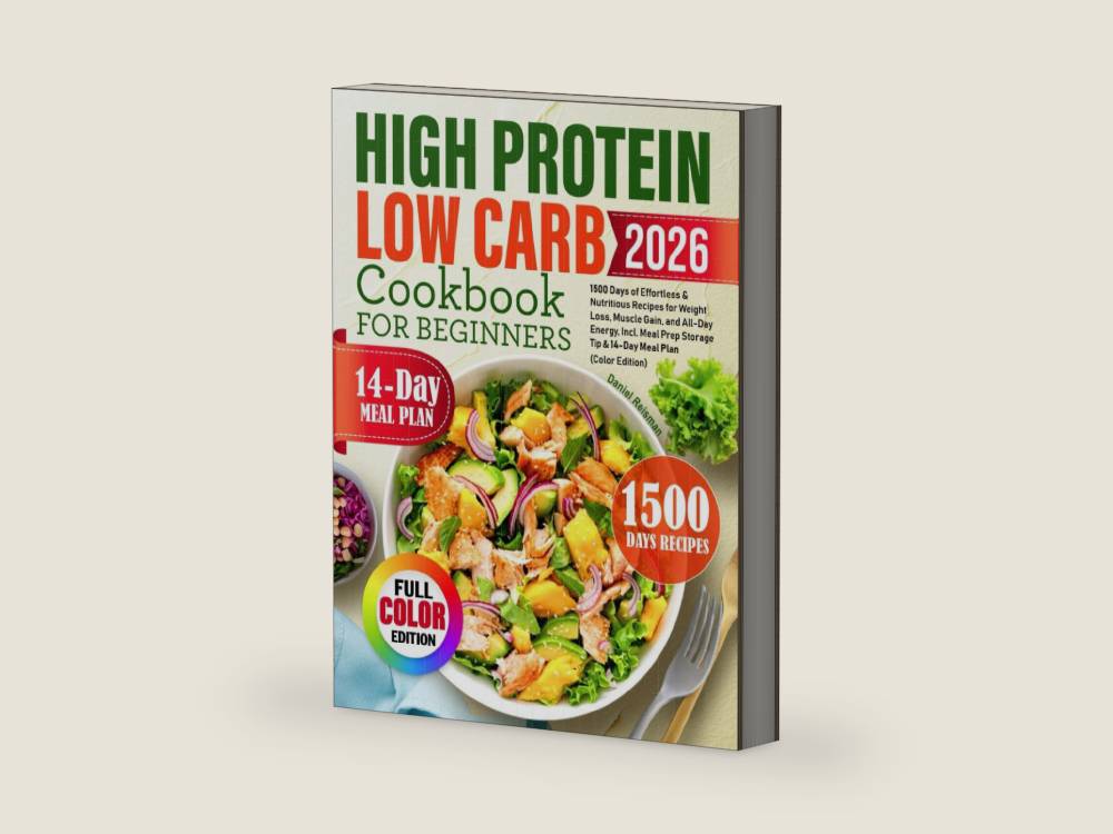 High Protein Low Carb Cookbook for Beginners: 1500 Days of Effortless & Nutritious Recipes for Weight Loss, Muscle Gain, and All-Day Energy, Incl. Meal Prep Storage Tip & 14-Day Meal Plan by Daniel Reisman | barcode:9798266310414 | source:'9798266310414-right-three-quarter.jpg