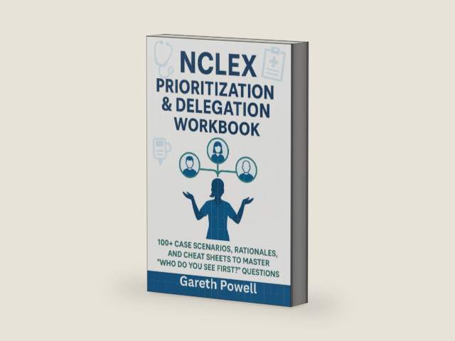 NCLEX Prioritization & Delegation Workbook: 100+ case Scenarios, and Rationals, and cheat sheets to master "Who Do You See First? " Question by Gareth Powell | barcode:9798268896114 | source:'9798268896114-right-three-quarter.jpg