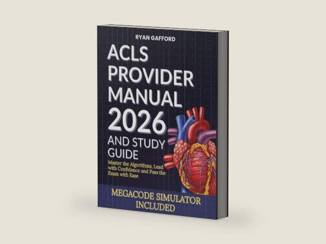 ACLS PROVIDER MANUAL 2026 AND STUDY GUIDE: Master the Algorithms, Lead with Confidence and Pass the Exam with Ease by Ryan Gafford | barcode:9798269338620 | source:'9798269338620-right-three-quarter.jpg