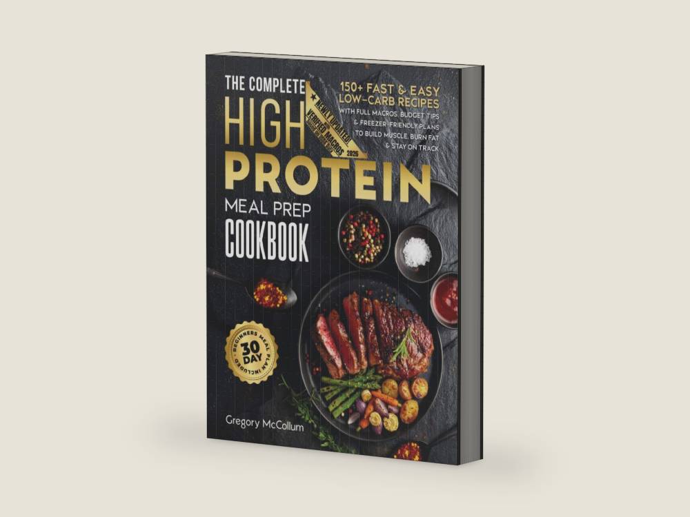 The Complete High Protein Meal Prep Cookbook: 150+ Fast & Easy Low-Carb Recipes with Full Macros, Budget Tips & Freezer-Friendly Plans to Build ... on Track (The High Protein Meal Prep System™) by Gregory McCollum | barcode:9798269993645 | source:'9798269993645-right-three-quarter.jpg