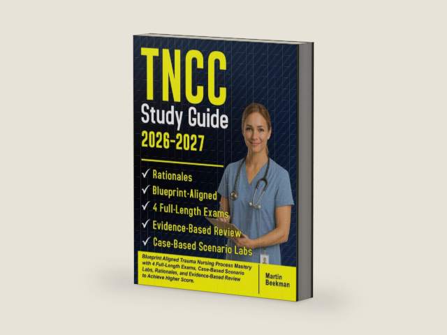 TNCC Study Guide 2026–2027: Blueprint Aligned Trauma Nursing Process Mastery with 4 Full-Length Exams, Case-Based Scenario Labs, Rationales, and Evidence-Based Review to Achieve Higher Score. by Martin Beekman | barcode:9798271372834 | source:'9798271372834-right-three-quarter.jpg