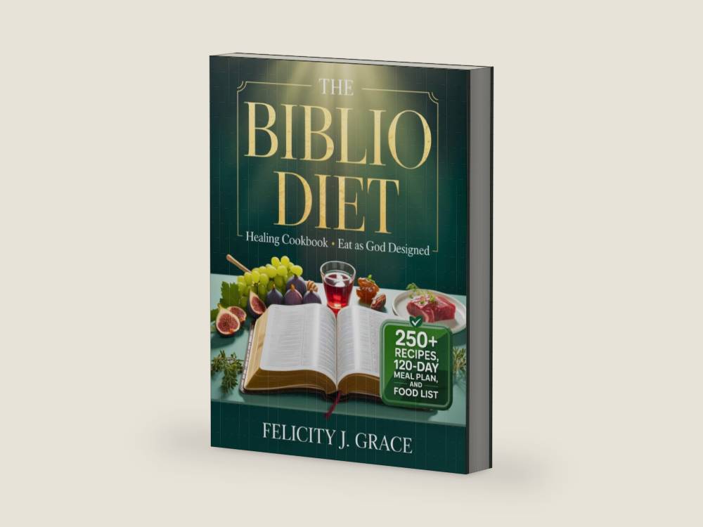 The Biblio Diet Healing Cookbook • Eat as God Designed: 250+ Scripture-Inspired Recipes, 120-Day Meal Plan, and Biblically Clean Food List to Heal Chronic Inflammation and Restore God’s Plan for You by Felicity J. Grace | barcode:9798271780523 | source:'9798271780523-right-three-quarter.jpg