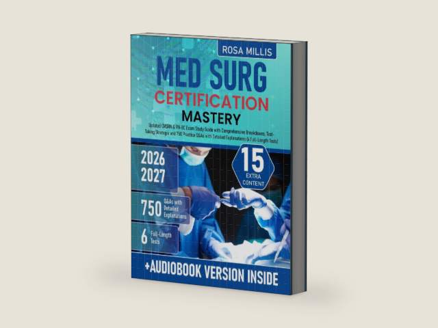 Med Surg Certification Mastery: Updated CMSRN & RN-BC Exam Study Guide with Comprehensive Breakdowns, Test-Taking Strategies and 750 Practice Q&As with Detailed Explanations (6 Full-Length Tests) by Rosa Millis | barcode:9798273229198 | source:'9798273229198-right-three-quarter.jpg