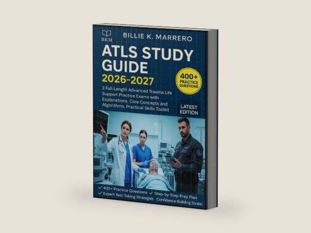 ATLS STUDY GUIDE 2026-2027: 3 Full-Length Advanced Trauma Life Support Practice Exams with Explanations, Core Concepts and Algorithms, Practical Skills Toolkit by Billie K. Marrero | barcode:9798273629981 | source:'9798273629981-right-three-quarter.jpg