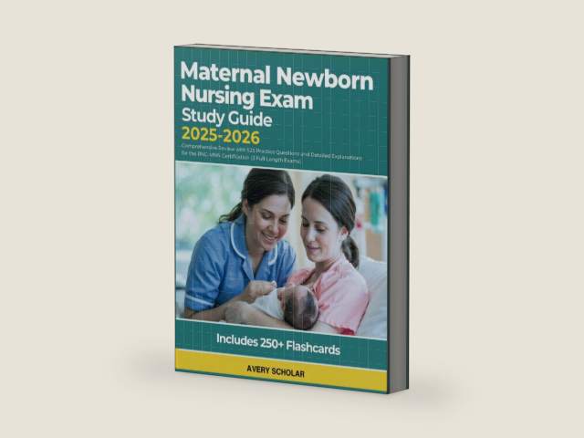 Maternal Newborn Nursing Exam Study Guide 2025-2026: Comprehensive Review with 525 Practice Questions and Detailed Explanations for the RNC-MNN Certification (3 Full-Length Exams) by Avery Scholar | barcode:9798281416696 | source:'9798281416696-right-three-quarter.jpg