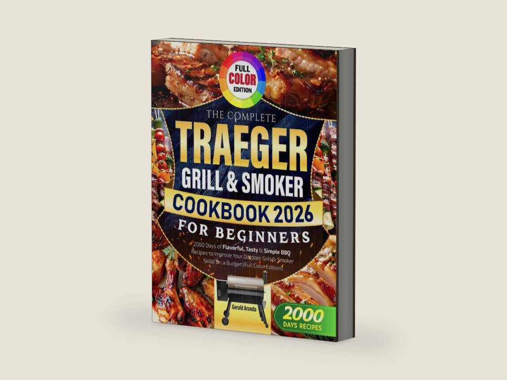 The Complete Traeger Grill & Smoker Cookbook for Beginners: 2000 Days of Flavorful, Tasty & Simple BBQ Recipes to Improve Your Outdoor Grill & Smoker Skills On a Budget (Full Color Edition) by Gerald Aranda | barcode:9798283644400 | source:'9798283644400-right-three-quarter.jpg