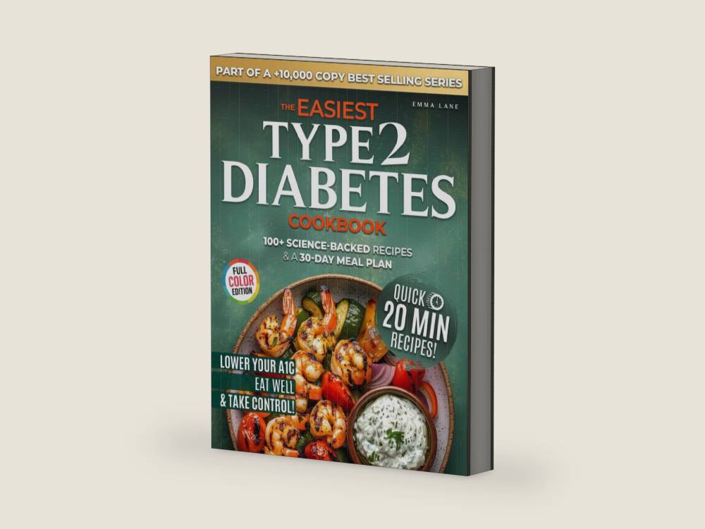 The Easiest Type 2 Diabetes Cookbook: Lower Your A1C, Eat Well, and Take Control with 100+ Science-Backed and Delicious Recipes — Real Ingredients, No Confusion (Diabetes Made Simple) by Emma Lane | barcode:9798286184095 | source:'9798286184095-right-three-quarter.jpg