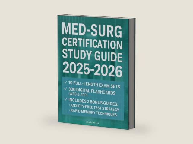 Med Surg Certification Study Guide: The Complete All-in-One Book For the ANCC MEDSURG-BC Exam |10 Full-Length with Explanations and 300 Digital Flashcards | Detailed Questions and Answers Included by Virelo Press | barcode:9798287683931 | source:'9798287683931-right-three-quarter.jpg