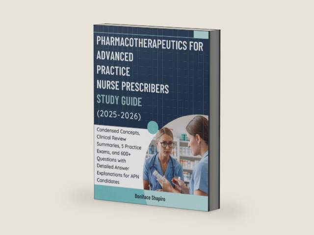 PHARMACOTHERAPEUTICS FOR ADVANCED PRACTICE NURSE PRESCRIBERS STUDY GUIDE (2025-2026): Condensed Concepts, Clinical Review Summaries, 5 Practice Exams, ... Answer Explanations for APN Candidates by Boniface Shapiro | barcode:9798292282914 | source:'9798292282914-right-three-quarter.jpg