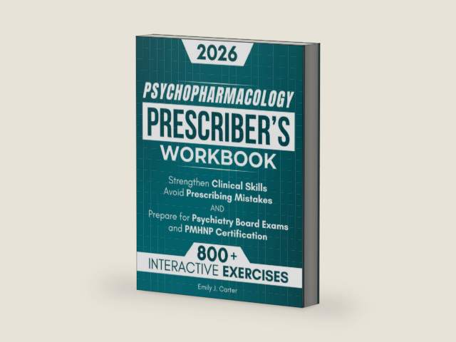 Psychopharmacology Prescriber’s Workbook: 800+ Interactive Exercises and Clinical Scenarios to Strengthen Clinical Skills, Avoid Mistakes, and Prepare for Psychiatry Board Exams & PMHNP Certification by Emily J. Carter | barcode:9798294616403 | source:'9798294616403-right-three-quarter.jpg