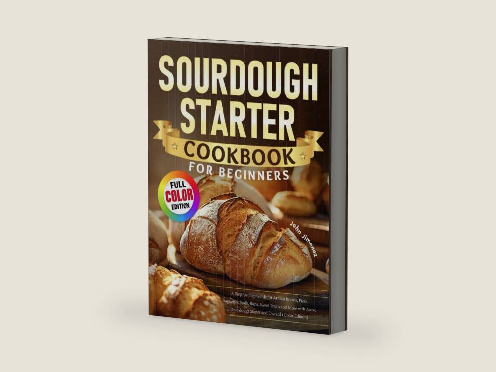Sourdough Starter Cookbook for Beginners: A Step-by-Step Guide for Artisan Breads, Pizza, Baguettes, Rolls, Buns, Sweet Treats and More with Active Sourdough Starter and Discard (Color Edition) by John Jimenez | barcode:9798296476678 | source:'9798296476678-right-three-quarter.jpg