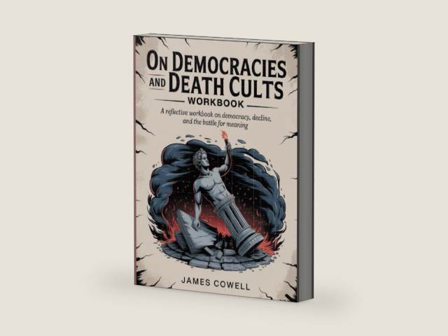 On Democracies And Death Cults Workbook: A Reflective Workbook on Democracy, Decline, and the Battle for Meaning by James cowell | barcode:9798296524737 | source:'9798296524737-right-three-quarter.jpg
