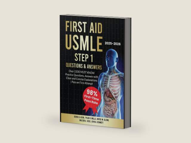 First Aid USMLE Step 1 Questions & Answers: Over 1500 MUST KNOW Practice Questions, Answers with Clear and Concise Explanations | Pass on First Attempt by Derek G. Kerr | barcode:9798313233253 | source:'9798313233253-right-three-quarter.jpg