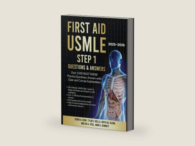 First Aid USMLE Step 1 Questions & Answers: Over 1500 MUST KNOW Practice Questions, Answers with Clear and Concise Explanations by Derek G. Kerr | barcode:9798313677729 | source:'9798313677729-right-three-quarter.jpg