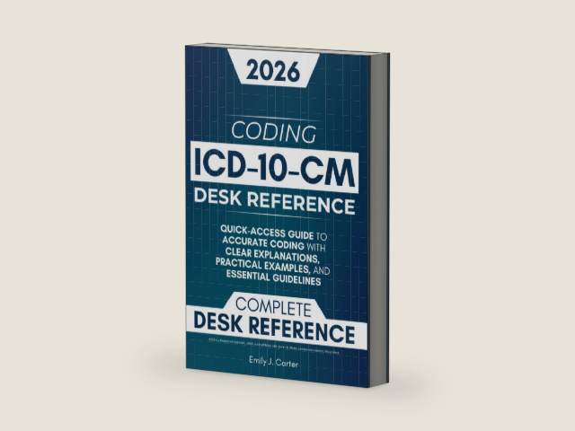 ICD-10-CM Desk Reference: A Quick-Access Guide to Accurate ICD-10-CM Coding with Clear Explanations, Practical Examples, and Essential Guidelines by Emily J. Carter | barcode:9798315189527 | source:'9798315189527-right-three-quarter.jpg