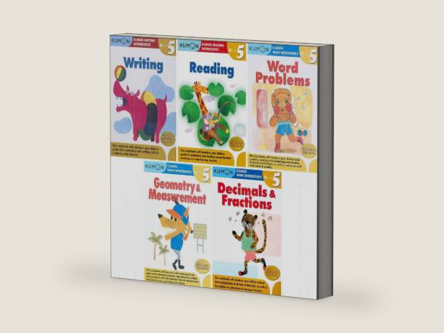 Kumon Grade 5 Complete Workbook Set (5 Workbooks) – Decimals & Fractions, Geometry & Measurement, Word Problems, Reading & Writing by Kumon | barcode:9798897222605 | source:'9798897222605-right-three-quarter.jpg
