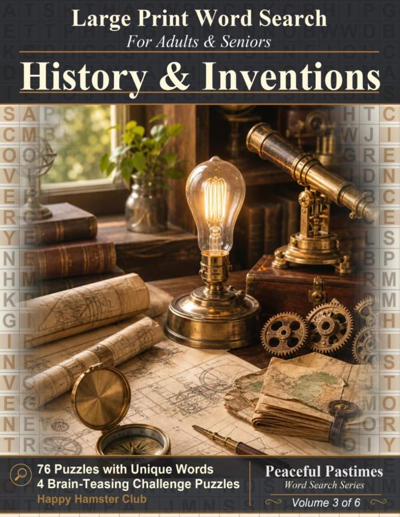 History & Inventions Word Search: 80 Relaxing Large Print Puzzles for Adults and Seniors (Peaceful Pastimes Word Search) by Happy Hamster Club | barcode:9798995952237 | source:'9798995952237.jpg