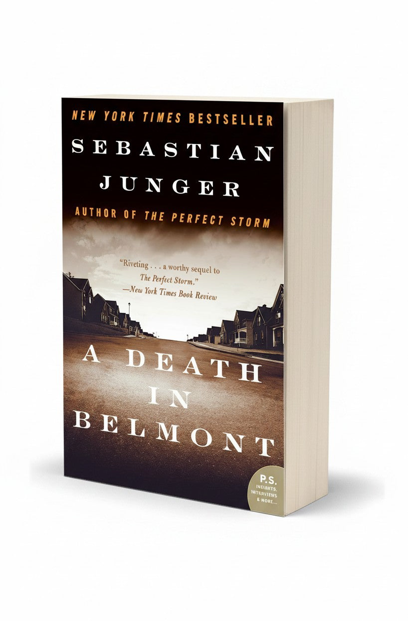 BestBuyBook paperback edition of A Death in Belmont by Sebastian Junger featuring a suburban street cover design